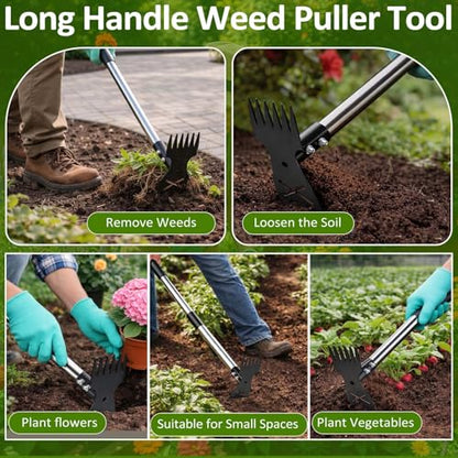 Weed Puller Tool with Long Handle-Vertical Adjustable Weeder, 2-in-1 Garden Hoe and Weeding Rake Combination, Weeding Tool for Garden, Lawn, Farm and Courtyard