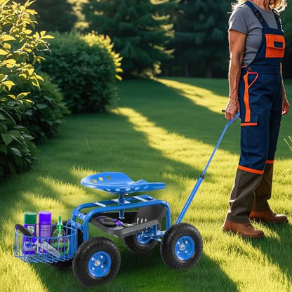IRONMAX Garden Cart with Seat, Gardening Rolling Stool Scooter with 10’’ All-Terrain Wheels, Adjustable Steering Handle & Tool Tray and Basket for Outdoor Planting (Blue) - color: Blue