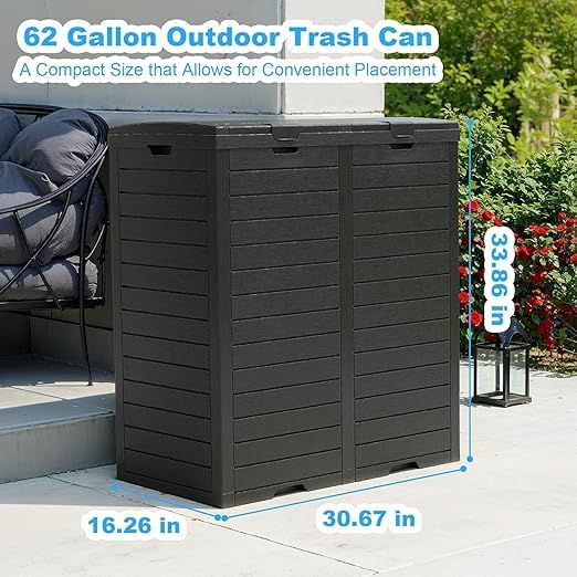 PatioZen 62 Gallon Outdoor Double Trash Can, Waterproof Trash Can Cabinet for Outside, Resin Garbage Bin with Lid and Drip Tray for Easy Cleaning for Patios, Kitchens（Black） - color: Black, size: 62 Gallon