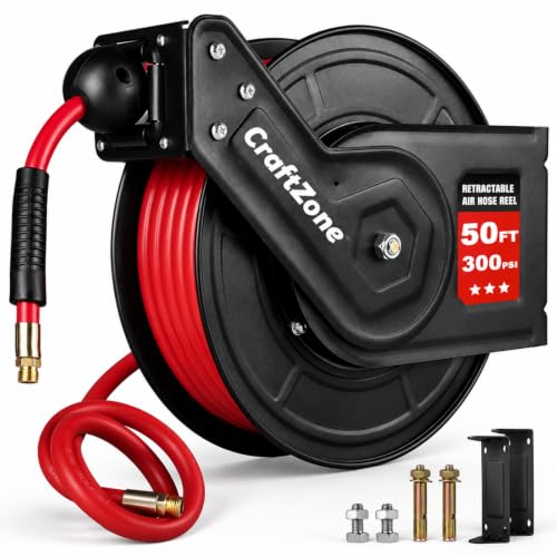 Retractable Air Hose Reel 50 FT | 300 PSI Air Compressor Hose Reel | 3/8 Hybrid Polymer Hose | Heavy-Duty Steel Wall Mount Swivel Bracket|Auto Rewind | All-Weather Retractable Air Hose - Red - size: 50ft