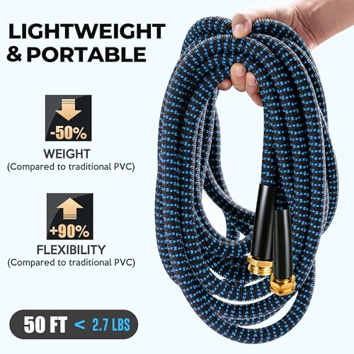 Expandable Garden Hose 50 ft with 10 Function Spray Nozzle, Flexible, Kink Free, Leak-Proof, Ultra Lightweight Retractable Stretch Water Hose 50ft for Yard, Lawn, Car Wash and Outdoor (Black & Blue)