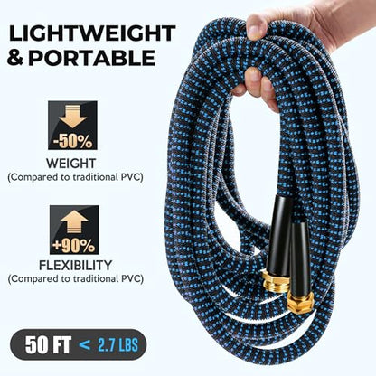 Expandable Garden Hose 50 ft with 10 Function Spray Nozzle, Flexible, Kink Free, Leak-Proof, Ultra Lightweight Retractable Stretch Water Hose 50ft for Yard, Lawn, Car Wash and Outdoor (Black & Blue)