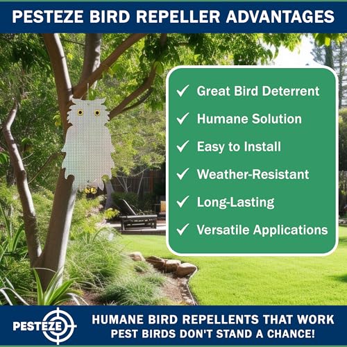 PESTEZE USA Premium Owl Bird Repellent Holographic Decoy with 2 Bells [8.25 × 15 in] Uses Reflective Shine & Sound to Deter Woodpeckers, Pigeons, Crows, Ducks, Geese & Other Outdoor Pests Without Harm