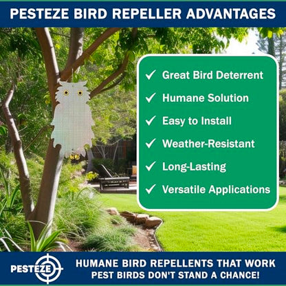 PESTEZE USA Premium Owl Bird Repellent Holographic Decoy with 2 Bells [8.25 × 15 in] Uses Reflective Shine & Sound to Deter Woodpeckers, Pigeons, Crows, Ducks, Geese & Other Outdoor Pests Without Harm