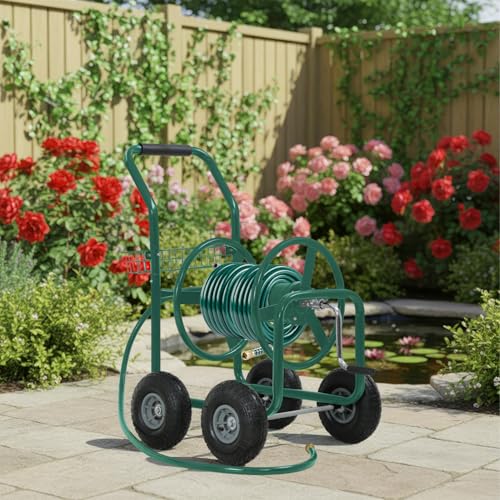 FDW Garden Hose Reel Cart, Water Hose Cart with 4 Wheels, Hold Up to 300 ft of 5/8’’ Hose，Heavy Duty Powder-Coated Steel Planting with Storage Basket, for Garden, Yard and Lawn - color: Green-1