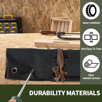 Chisel Roll, 6 Pockets Roll Up Tool Pouch, Waxed Canvas Small Tool Roll - color: Black