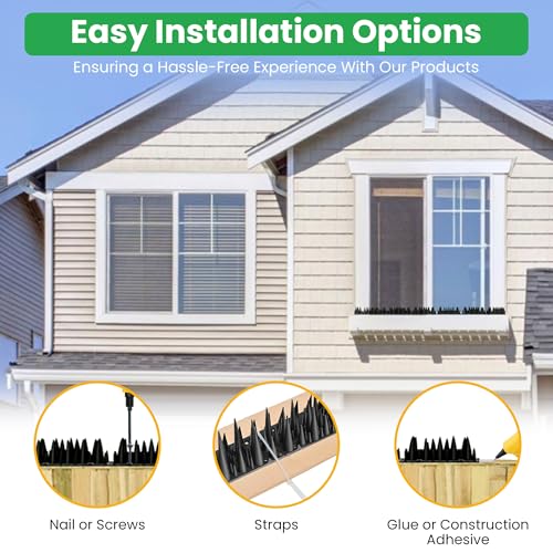 BUGGOFF - Bird & Rodent Spikes, Unique Spike Pattern effecitviely deteres Pesky Pigeons, Squirrels, Raccoons. Installs on Fences, Gates, Roofs, Walls and More! (13 Feet, Black Plastic) - color: Black Plastic
