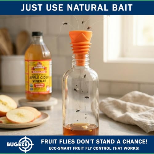 BUGEZE USA Fruit Fly Trap Indoor Gnat Trap Reusable Bottle Top Catcher for Kitchen, Plants, Drain, Flies and Gnats Control, Orange Funnel Trap for Fruit Insects Bait Compatible for Home Use [2 Pack]