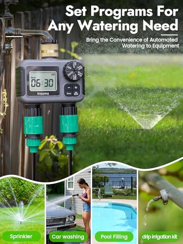 Insoma Hose Timer 2 Zones Brass Inlet, Water Timer for Garden Hose, Sprinkler Timers with Rain Delay/Manual/Auto Mode, Faucet Timers 2 Outlet for Garden Watering, Lawn, Yard