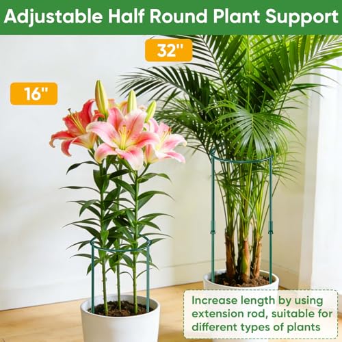 8 Pack 32 or 16 inch Adjustable Plant Support Stakes, Heavy-Duty Half Round Peony Support, Garden Plant Stakes Cage for Outdoor Plants, Peony, Tomato, Hydrangea, (16In Support +16In Extension Tubes) - size: 10"W x31.8"H