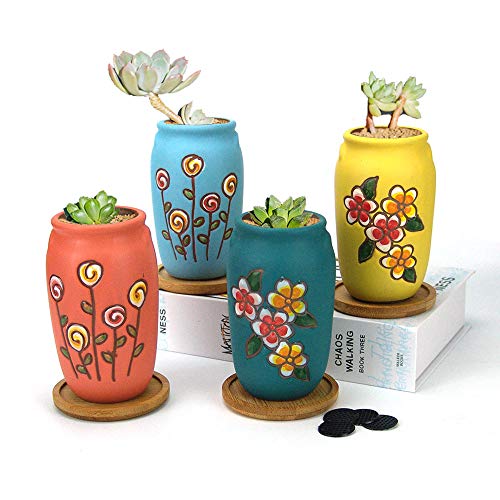 2.5 Inch Hand Painted Round Succulent Cactus Planter Pot Clay Pot Ceramic Plant Pot with Drainage Hole and Saucer Set of 4 (Green Yellow Orange Blue) - color: Green Yellow Orange Blue, size: 2.5 Inch