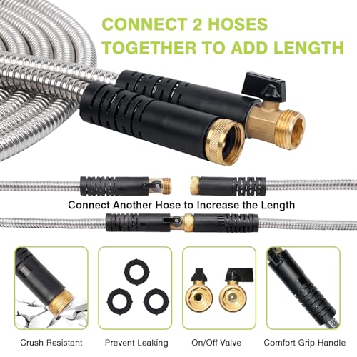 Metal Garden Hose 100FT - Heavy Duty Stainless Steel Metal Water Hose With 10 Function Nozzle, Lightweight, No Kink, Durable and Leak Proof Flexible Garden Hose for Yard, Outdoor