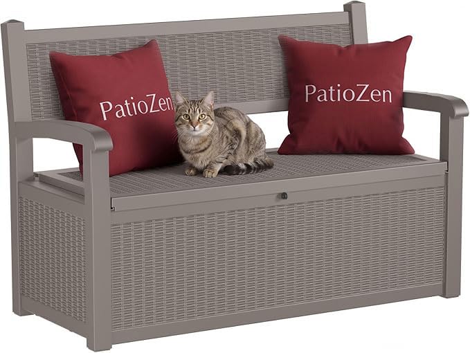 PatioZen 80 Gallon Storage Bench Deck Box, Grey - color: Grey, size: 80 Gallon