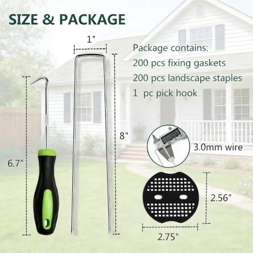 8 Inch 200 PCS Galvanized Landscape Staples with 200 PCS Gasket, Landscaping Fabric Stakes Weed Barrier Stakes Garden Spikes Ground Cover Staples - size: 8" 200 Pack