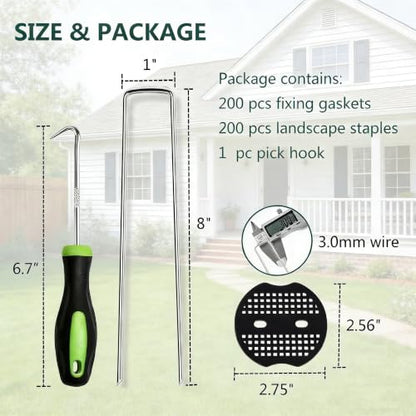 8 Inch 200 PCS Galvanized Landscape Staples with 200 PCS Gasket, Landscaping Fabric Stakes Weed Barrier Stakes Garden Spikes Ground Cover Staples - size: 8" 200 Pack