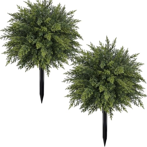 2 Pack 20.86" Artificial Cedar Topiary Trees with Ground Spike for Xmas - color: Green