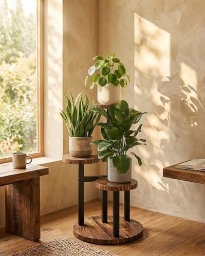 Bamworld Corner Plant Stand Indoor Metal Wood Plant Shelf 3 Tier Brown - color: Brown+Black, size: 3 Tier