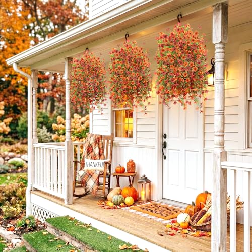 Hommyea Artificial Fake Fall Flowers Plants for Outdoors Mums Home Decor - color: Orange Autumn Red