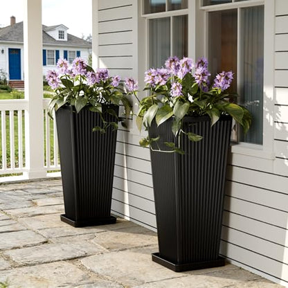 Square Tall Planters for Outdoor Plants with Tray - 24" Black 2Pack - color: Black-f