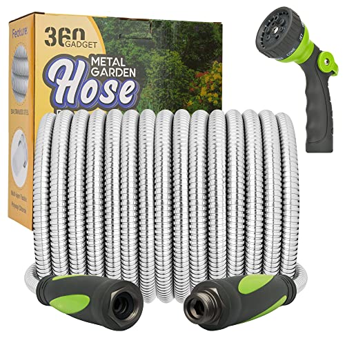 Garden Hose - Water Hose 50 FT with Swivel Handle & 8 Function Nozzle, Flexible, Heavy Duty, No Kink, Lightweight Metal Hose for Outdoor, Yard, 304 Stainless Steel - size: 50 FT, style: Hose+Nozzle