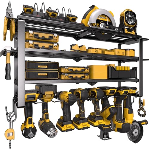 Spampur 420LB Capacity Power Tool Organizer with Charging Station & 6 Outlets | Quick Assembly 4-Layer Heavy Duty Rack for Drills & Batteries | Ultimate Garage Storage & Christmas Gift for Men - size: 4 shelves 8 slots (single) with power strip