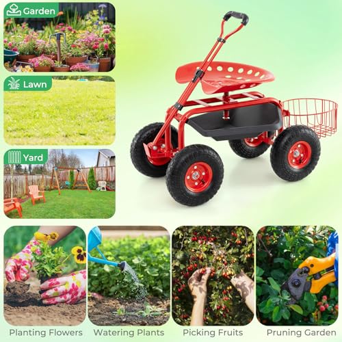 Garden Seat with Wheels, Rolling Stool with Extendable Handle, Storage Basket & Tool Tray, Garden Scooter with 360 Degree Swivel Seat for Outdoor & Yard (Red) - color: Red
