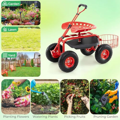 Garden Seat with Wheels, Rolling Stool with Extendable Handle, Storage Basket & Tool Tray, Garden Scooter with 360 Degree Swivel Seat for Outdoor & Yard (Red) - color: Red