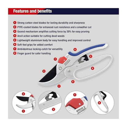 Spear & Jackson Razorsharp Geared Anvil Pruning Shears, Heavy Duty Garden Clippers for Thick Branches, Non-Slip Ergonomic Handles, Durable Steel Blades - size: Geared Anvil, style: Geared Anvil