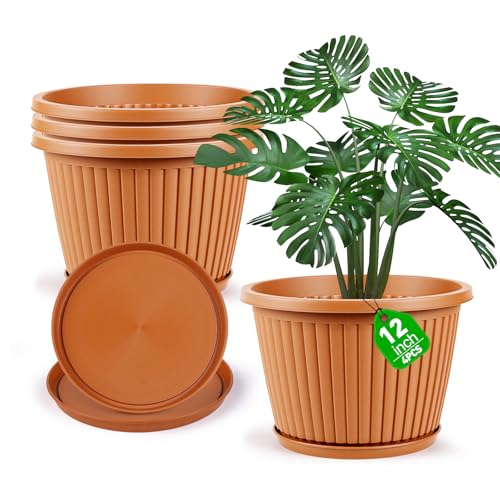 Large-Planter-Indoor-Outdoor Plant Pots, 12 inch 4 Pack Plastic Flower Pots with Saucer And Drainage Holes, Modern Garden Planters For Planting Medium Large Plants, Decorative Resin Garden Pots - color: Terracotta, size: 12 Inch