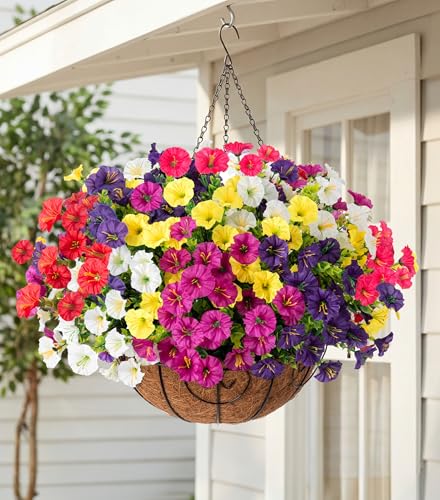 Artificial Faux Hanging Plants Flowers for Outdoors Baskets Fall Outside Decor, Fake Silk Morning Glory in Planter Look Real UV Resistant Outdoor Flowers for Porch Patio Balcony Garden Yard Home - color: B 6 Mixed