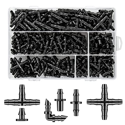 Unoutur 300 Pcs Barbed Connectors Drip Irrigation Fittings Kit, 1/4" Drip Irrigation Kit for Garden Flower Pot Greenhouse Lawn (Straight Barbs,Single Barbs,Tees,Elbows,End Plug,4-Way Coupling) - size: 300 Pcs (1/4" barbed connectors)