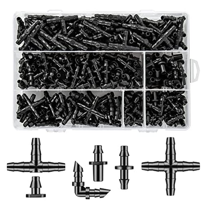 Unoutur 300 Pcs Barbed Connectors Drip Irrigation Fittings Kit, 1/4" Drip Irrigation Kit for Garden Flower Pot Greenhouse Lawn (Straight Barbs,Single Barbs,Tees,Elbows,End Plug,4-Way Coupling) - size: 300 Pcs (1/4" barbed connectors)