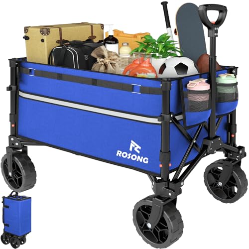 ROSONG Collapsible Wagon Cart with Wheels Foldable - Folding Utility Heavy Duty Wagons Carts for Grocery Sports Garden Shopping Camping Wheelbarrows (Blue, 120L) - color: Blue, size: 120L