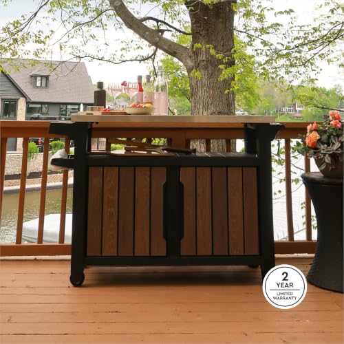 Keter Unity XL Outdoor Entertainment Cart with Wood‑Look Finish, 78‑Gallon Patio Storage Cabinet, Food Prep Station, Stainless‑Steel Top for BBQ, Grill, Patio, Deck & Backyard, Walnut - color: Walnut