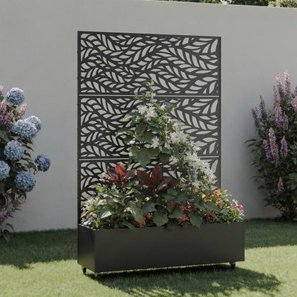 Metal Raised Garden Bed with Trellis and Wheels, 71"x47"x16" (Black-Leaf) - color: Black-leaf, size: 71"x47"x16"