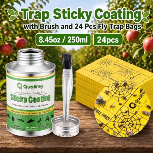 Qualirey Sticky Fly Trap Coating with Brush, Outdoor Trap Bags,Yellow - color: Yellow