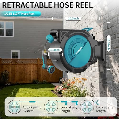 1/2" 110FT Retractable Garden Hose Reel, Wall Mounted Automatic Hose Reel with Upgraded 10 Pattern Nozzle/Any Length Lock/Slow Return System/180°Swivel Bracket, AquaBlue - size: 110FT-1/2"