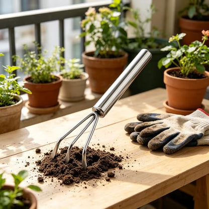 Mini Stainless Steel Soil Cultivator Hand Rake,Compact Garden Rake Tool,Handheld Soil Comb Tool for Indoor Plants,Succulent Cactus Soil Loosening Aeration Accessory for Balcony Container Gardening