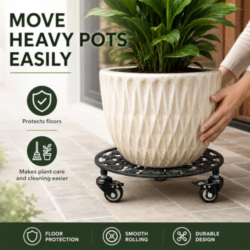 2 Pack 11" Plant Caddy with Wheels, Heavy Duty Metal, Black - color: Round Metal Black, size: 11 INCH 2PCS