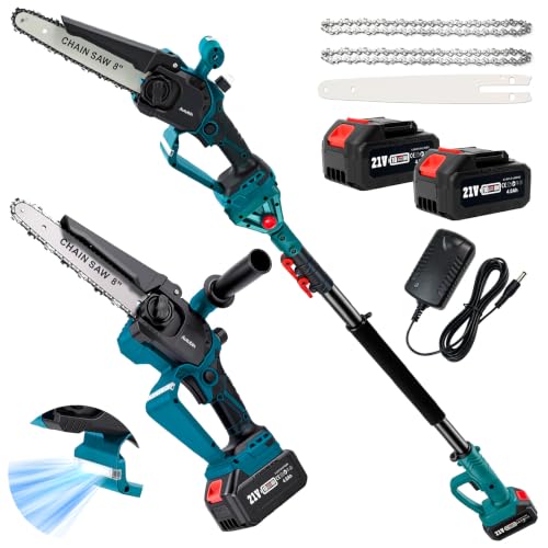 2-in-1 Electric Pole Saw & 8-Inch Mini Chainsaw, 2x4.0Ah Batteries - color: Blue, size: 8inch with LED Light