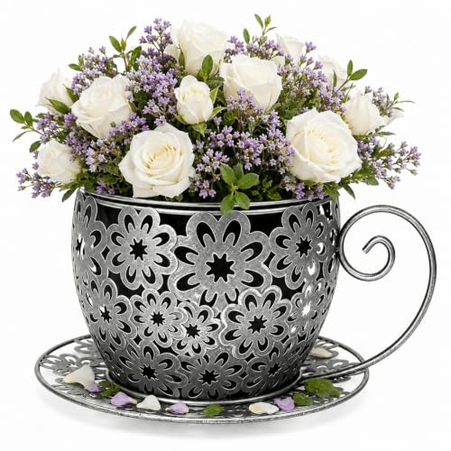 Iron Teacup Planter, Vintage Coffee Cup Flower Pot with Floral Cutout Design, Suitable for Indoor Outdoor Decoration, Ideal for Succulents Flowers, Balcony Garden Decor (Silver) - color: Silver