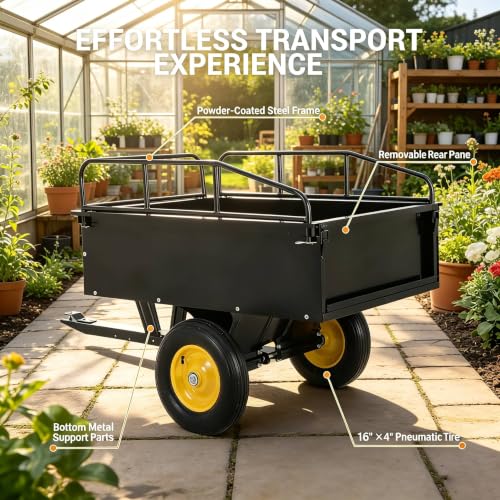 Heavy-Duty Steel Garden Dump Cart, 17 Cu. Ft. Utility Trailer,750 lb Capacity, Removable Sides, Quick-Release Foot Pedal, Universal Hitch, 16" All-Terrain Tires, Compatible with Lawn Mower, ATV