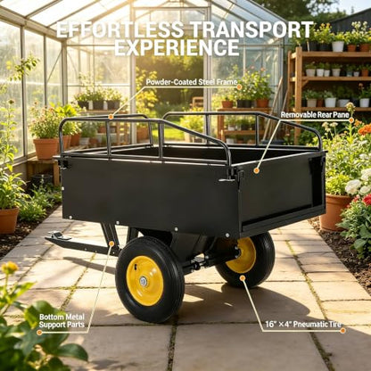 Heavy-Duty Steel Garden Dump Cart, 17 Cu. Ft. Utility Trailer,750 lb Capacity, Removable Sides, Quick-Release Foot Pedal, Universal Hitch, 16" All-Terrain Tires, Compatible with Lawn Mower, ATV
