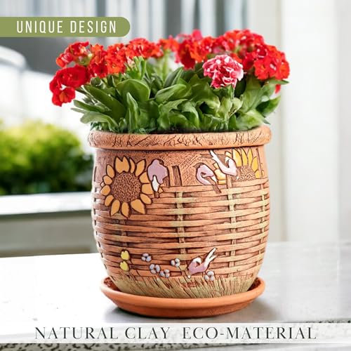 STP GOODS Ceramic Pot with Drainage Hole and Saucer, Plant Pots, Modern Decorative Planters for House Plants Indoor Flowers Plants, Cute Flower Pot - Gifts (Wicker (1.6 L)) - color: Wicker (1.6 L)