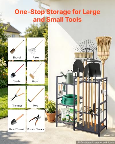 VEVOR Garden Tool Organizer with Guard Rail, 3-Tier Metal Storage Rack