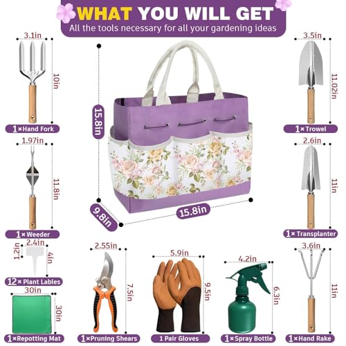 22Pcs Gardening Tools Set for Women Heavy Duty Garden Hand Tool Kit,Birthday Gifts for Mom Wife Grandma Beginner Gardening Accessories with Large Tote Bag/Shovel/Repotting Mat/Plant Labels/Gloves - color: Purple