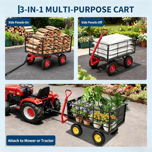 GarveeLife 1500 Lbs Garden Dump Cart with 13" All-Terrain Tires, Dump Frame, 3-in-1 Convertible Yard Wagon & Swivel Handle – Black Frame, Red Rims & Handlebars - size: 1500lbs Dump