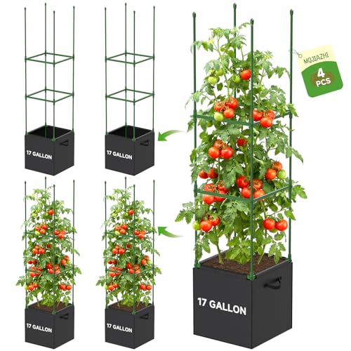 4 Pack Square Tomato Trellis Cages 55 Inch Height, with 17 Gallon Square Grow Bags (12×12in), Heavy Duty Tomato Plant Support Stakes for Outdoor Garden Climbing