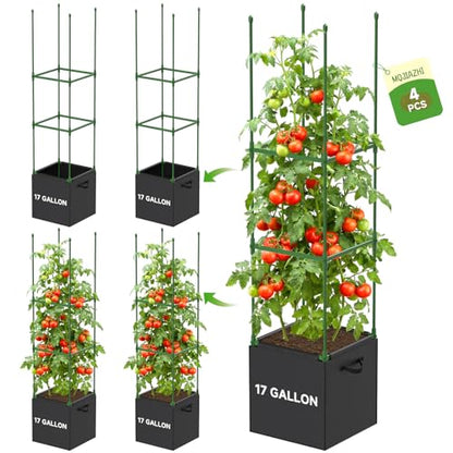 4 Pack Square Tomato Trellis Cages 55 Inch Height, with 17 Gallon Square Grow Bags (12×12in), Heavy Duty Tomato Plant Support Stakes for Outdoor Garden Climbing