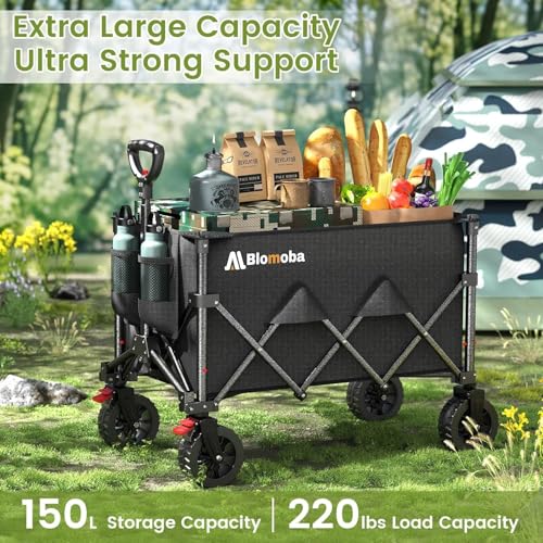 Blomoba Collapsible Wagon Cart, 150L Foldable Wagon with Wide Wheels, Black - color: Black, size: Large Without Tailgate